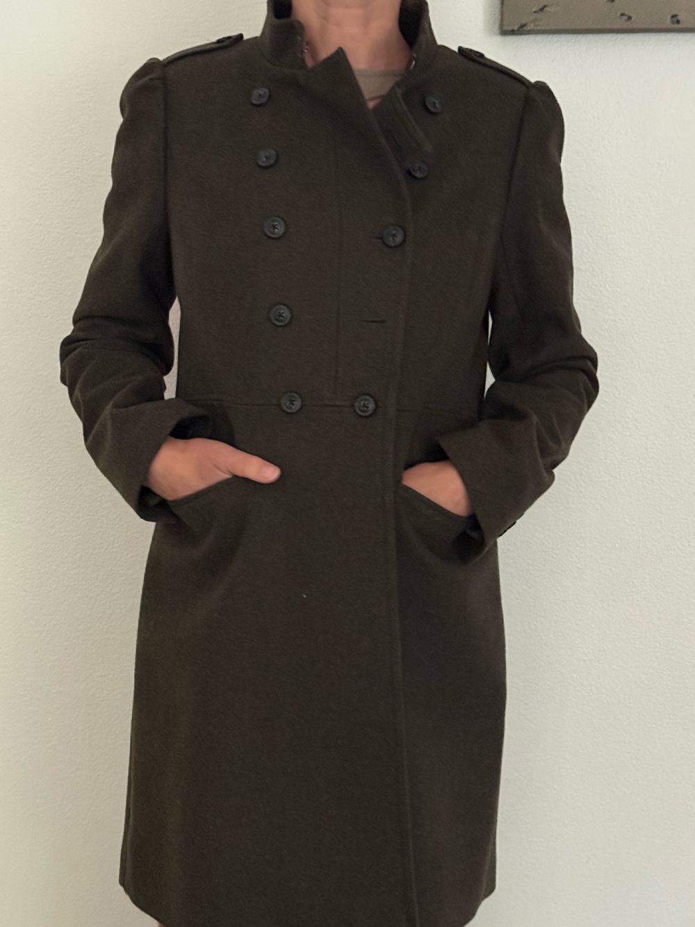 Classic Double-Breasted Women's Coat in Dark Olive Woven in Italy fo Banana Repu